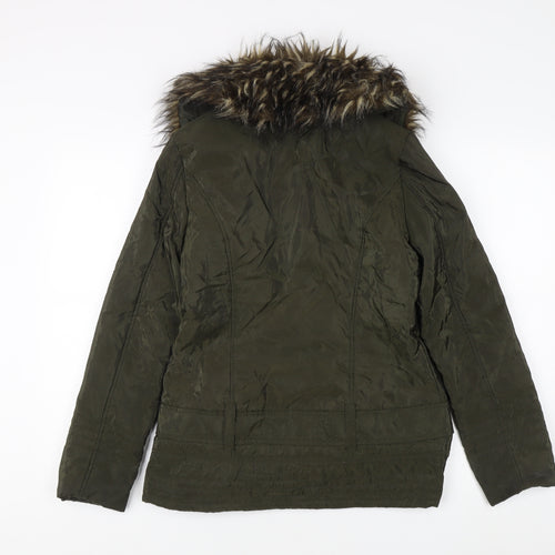M&Co Women's Green Parka Jacket Size 10 Fur Trim Casual