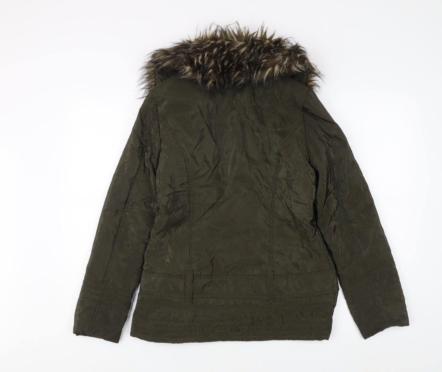 M&Co Women's Green Parka Jacket Size 10 Fur Trim Casual