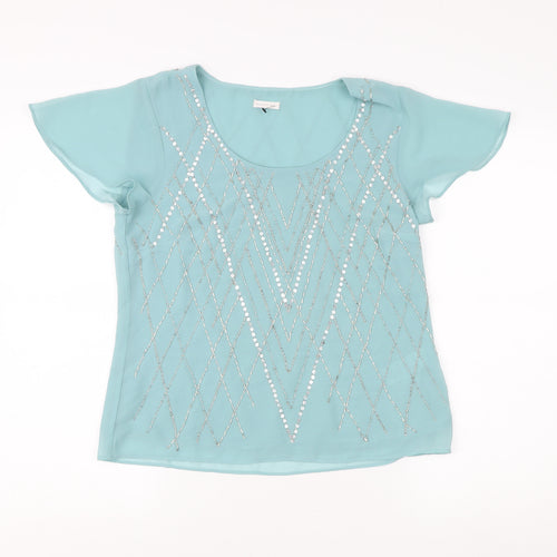 Jacques Vert Blue Sequin Blouse Women Size 10