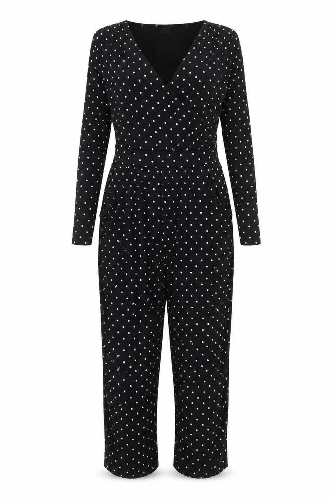 Front view of Editor's Cut Women's Black Polka Dot Jumpsuit, size 10