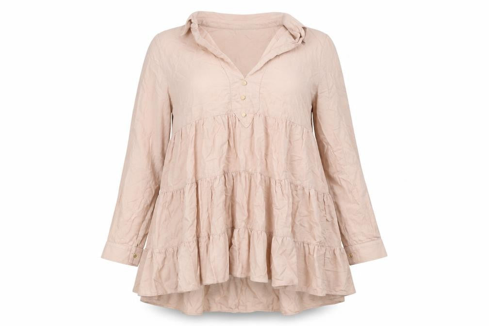 Front view of Zara Women's Beige Shirt Dress, L, Collared, Summer