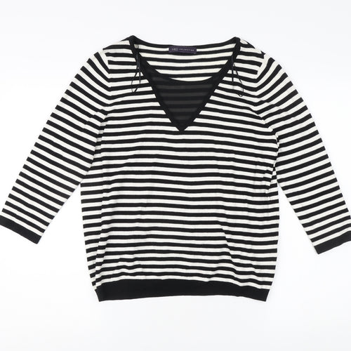 Marks and Spencer Women's Black Striped V-Neck Pullover UK 12