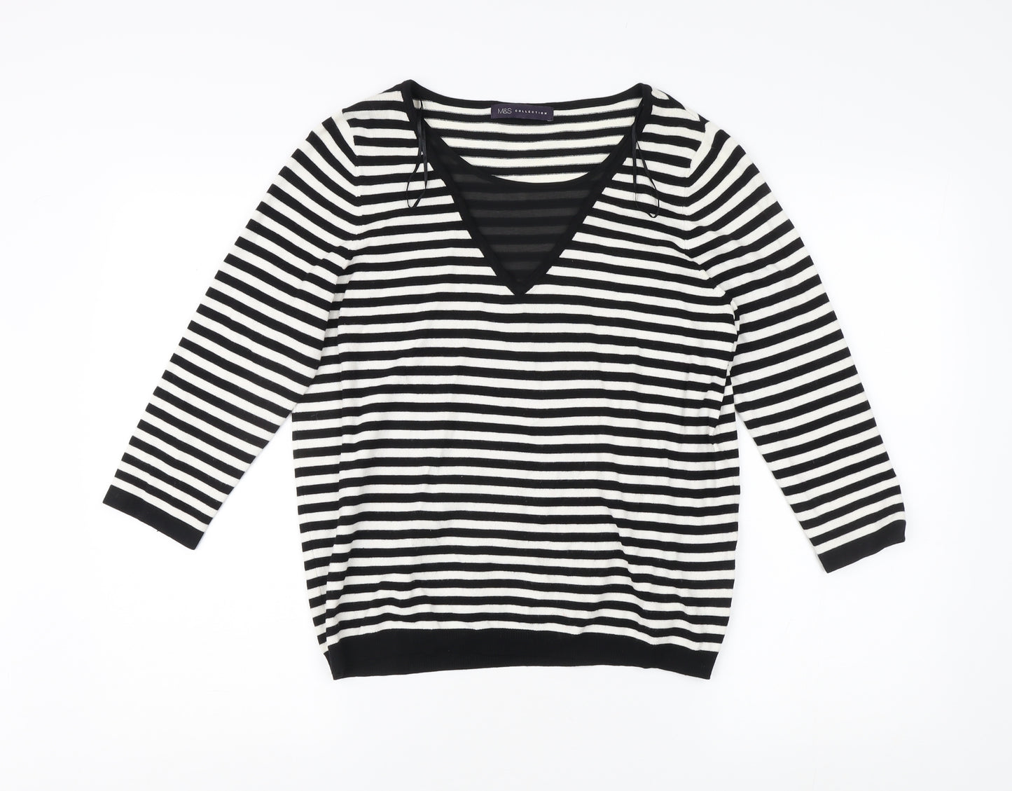 Marks and Spencer Women's Black Striped V-Neck Pullover UK 12