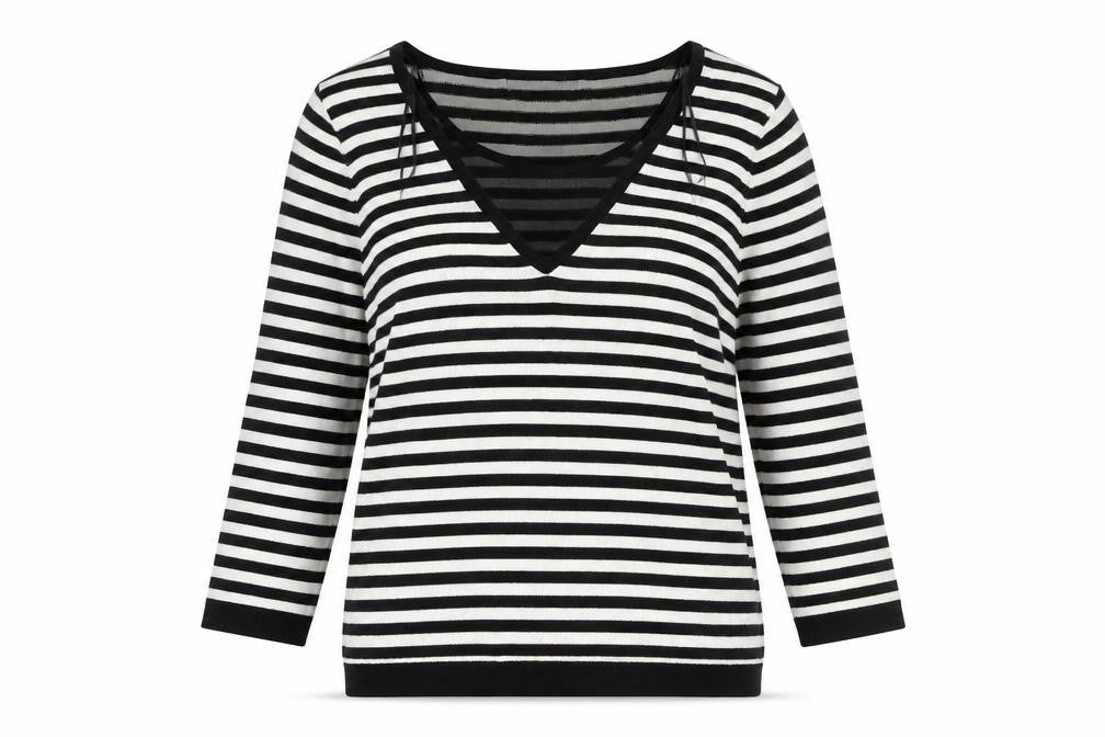 Front view of Marks & Spencer Women's Black Striped V-Neck Pullover UK 12
