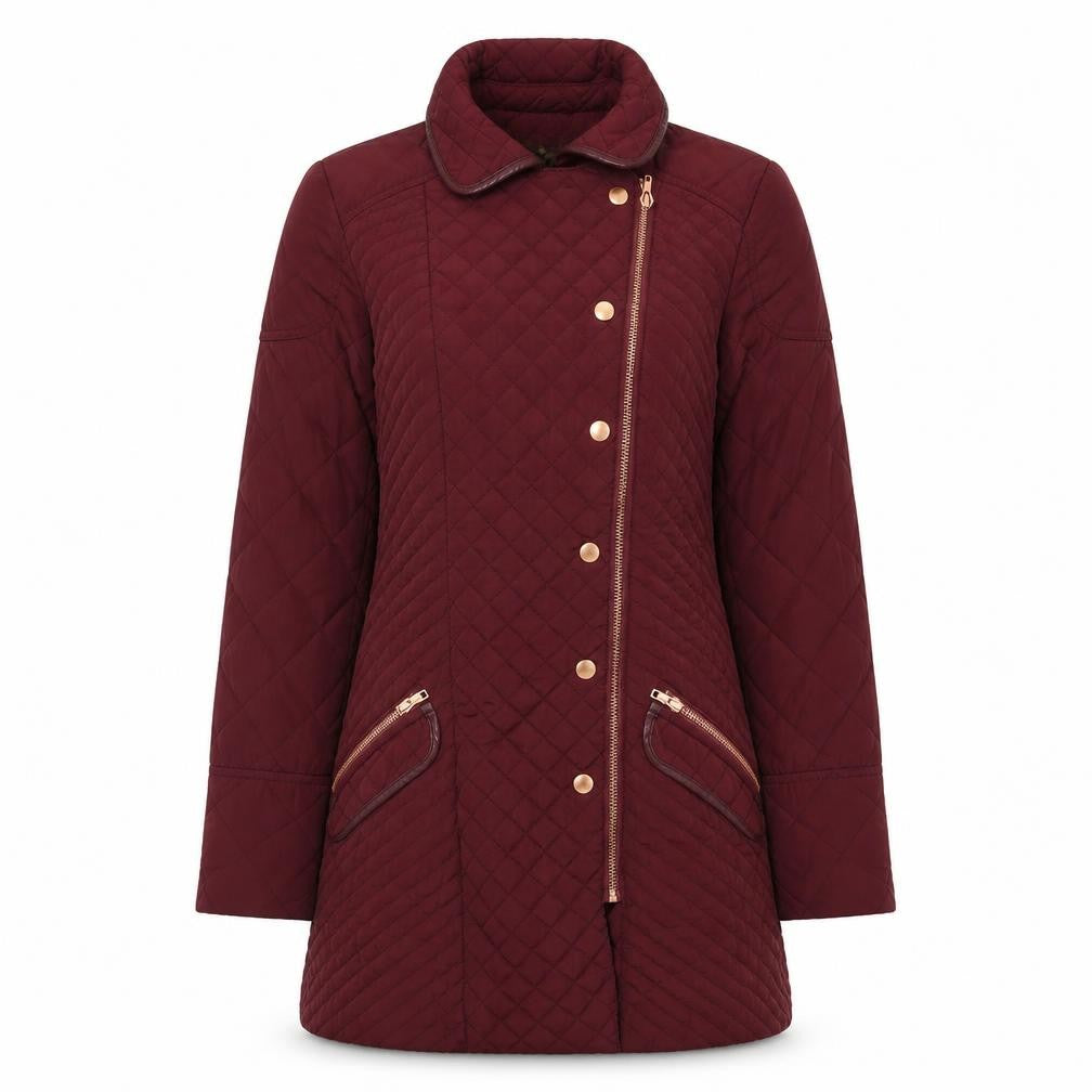 Front view of Next Women's Red Quilted Long Coat, Size Regular
