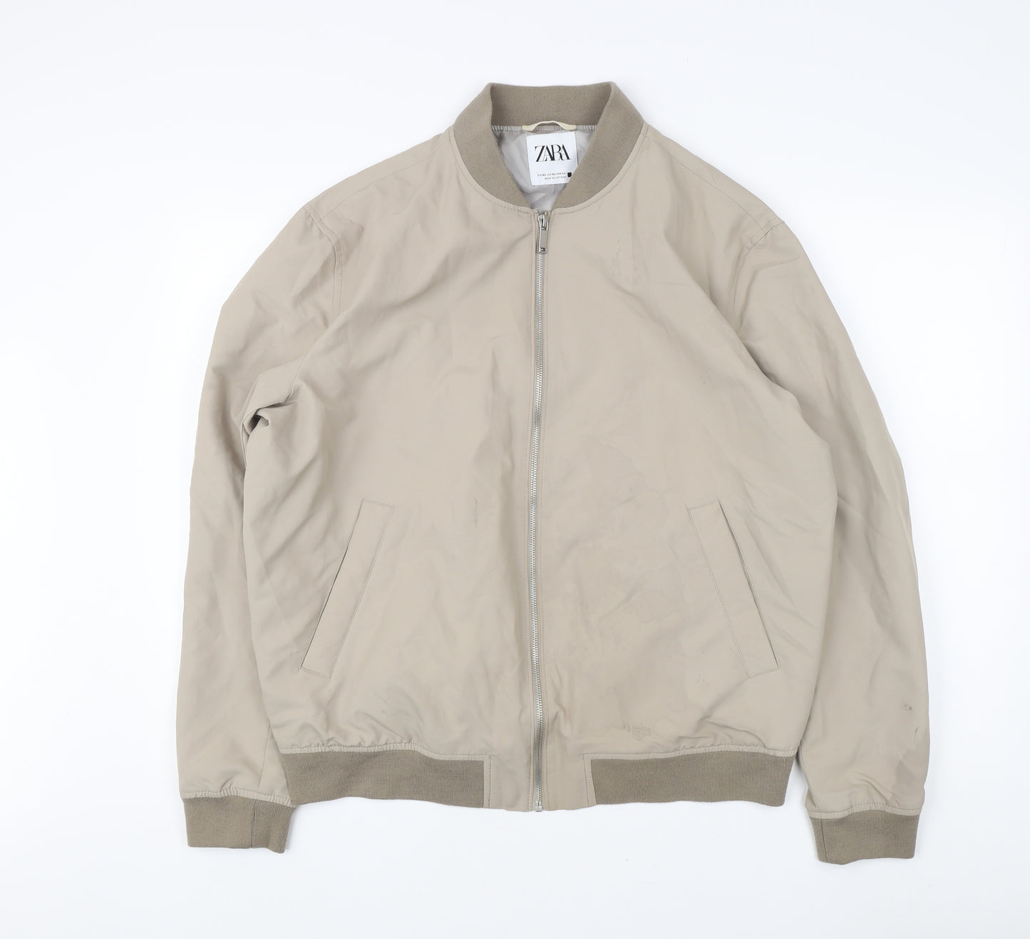 Zara Men's Beige XL Bomber Jacket Stand-Up Collar