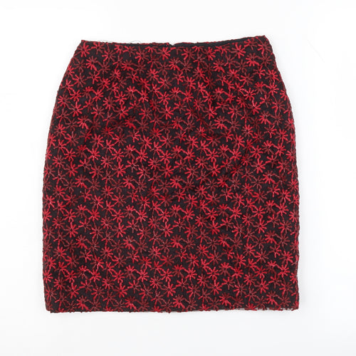 Oasis Women's Red Floral Skirt Size 8 Embroidered