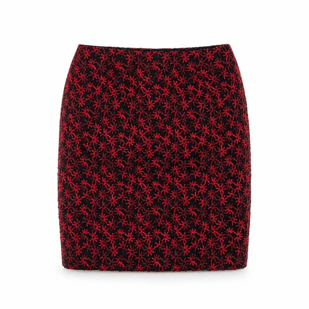 Front view of Oasis Women's Red Floral Skirt, size 8, Embroidered