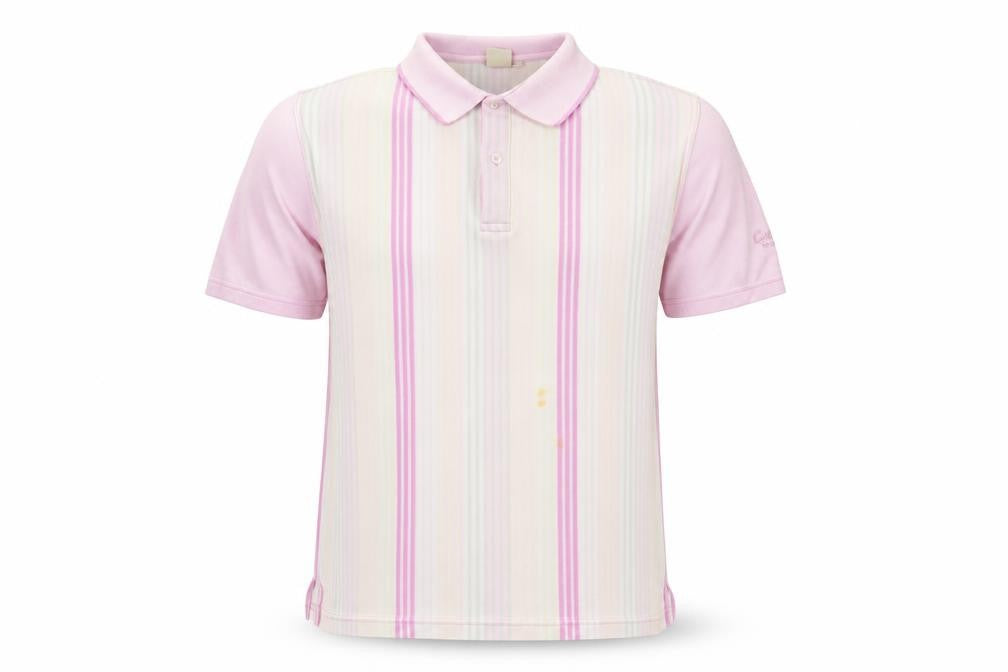 Front view of Cotton Traders Men's Pink Striped Medium Polo
