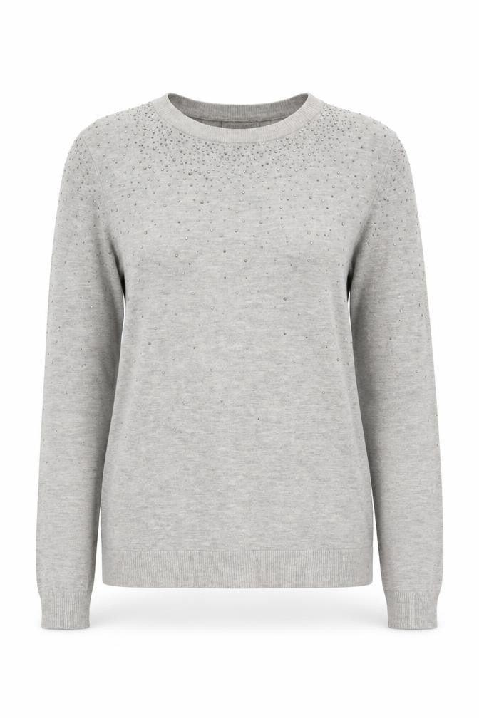 Front view of Warehouse Women's Grey jumper, size 10, Beaded Accents