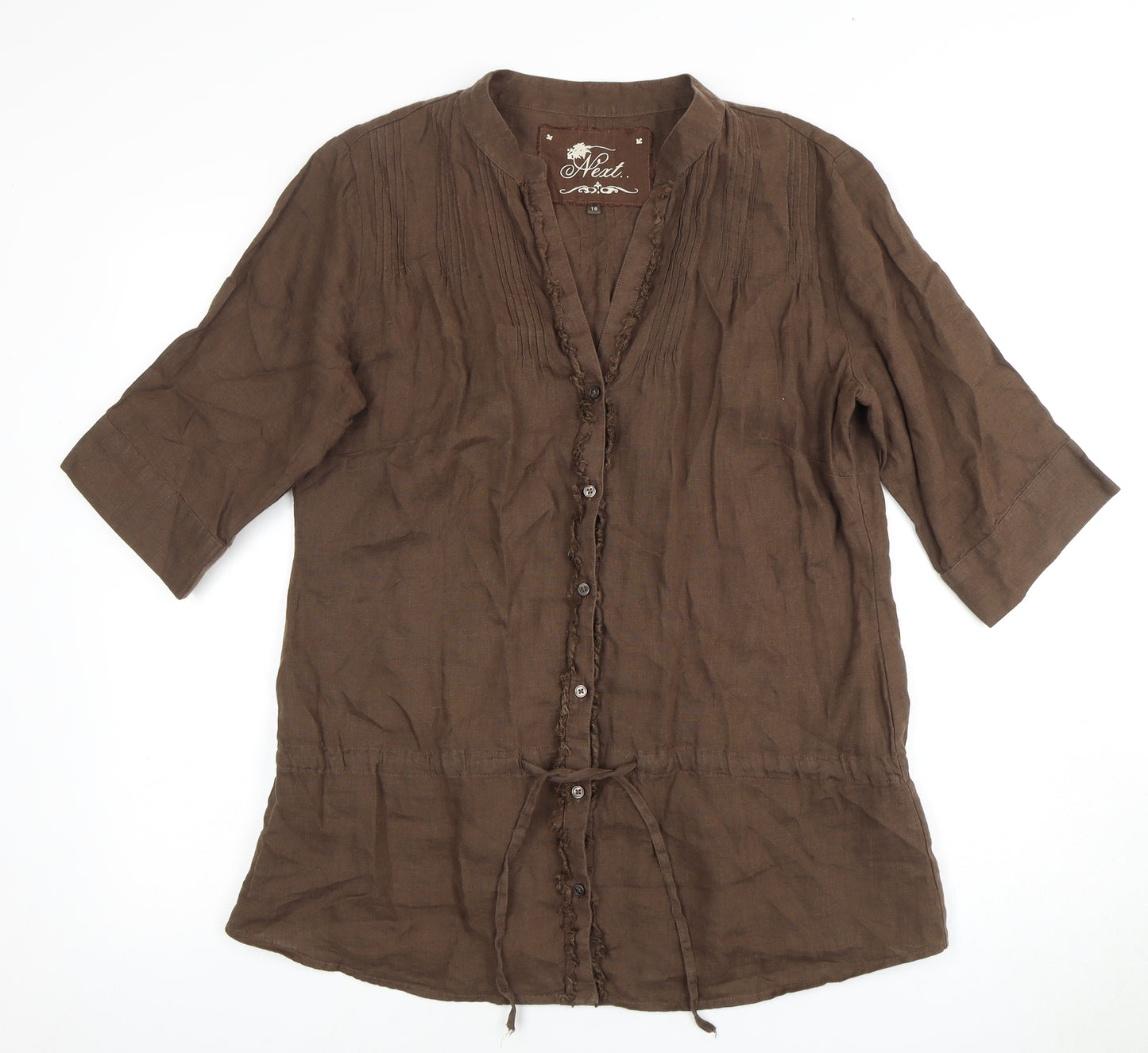 Next Women's Brown Linen Blouse, Size 12, Button Accent