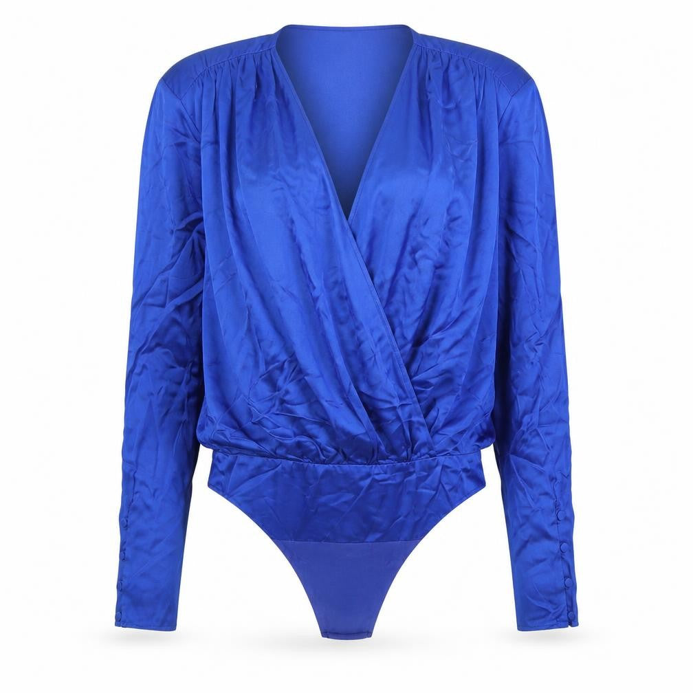 Front view of Zara Women's Blue Viscose Bodysuit, size 2, Long Sleeve Casual