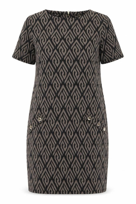 Front view of Wallis Women's Black Beige Geometric Dress, size 14