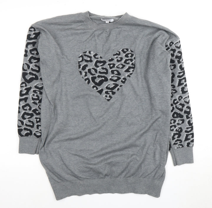 Simply Be Women's Grey Leopard Heart Pullover Jumper