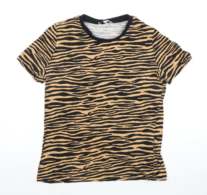 Warehouse Women's Black Beige Animal Print T-Shirt, Size 10