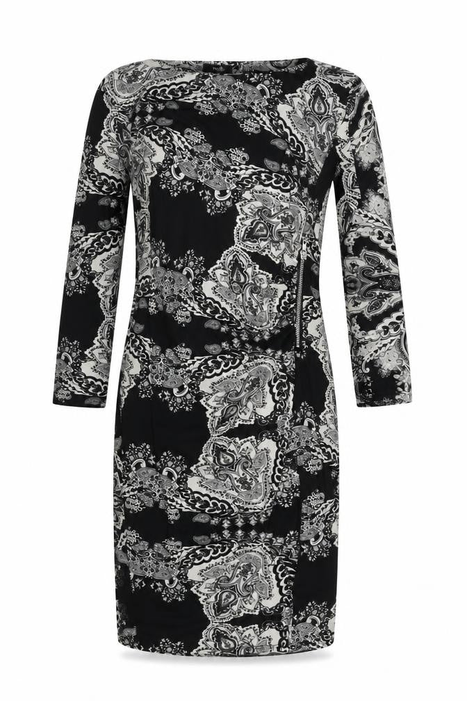 Front view of Wallis women’s dress black paisley shift, size UK 10