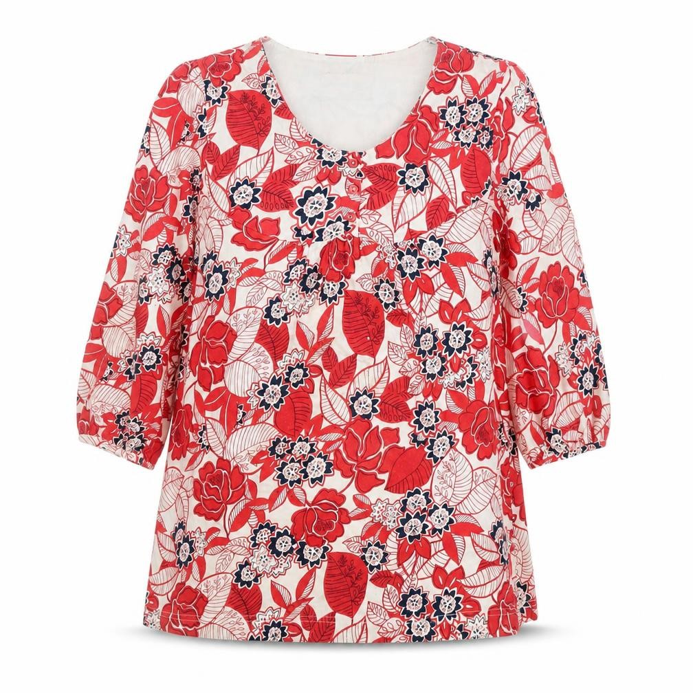 Front view of Dash Women's Red Floral Tunic Blouse, size 12