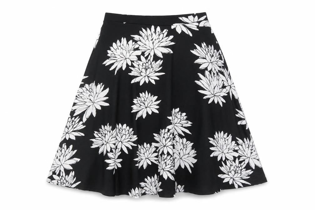 Front view of Definitions Women's Black Floral A-Line Skirt, size 14