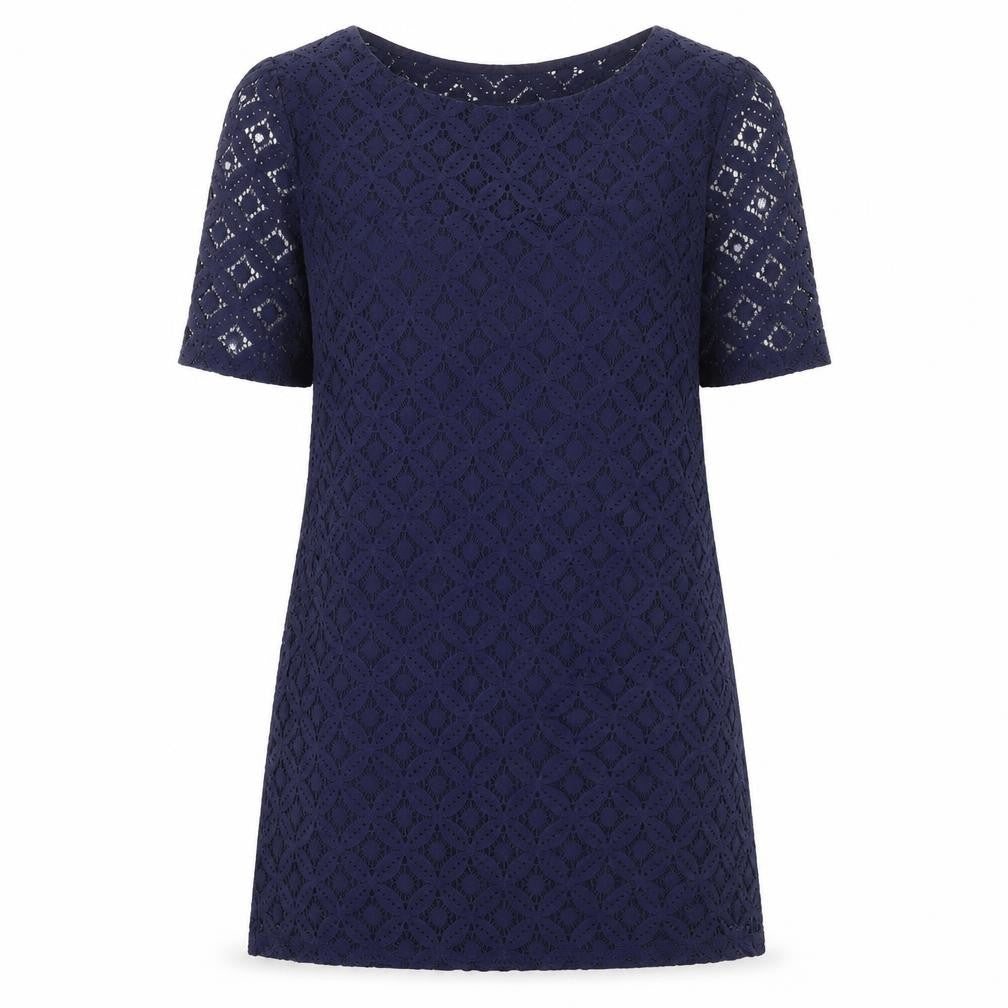 Front view of Next Women's Blue Lace Shift Dress, size 14, Short Sleeve