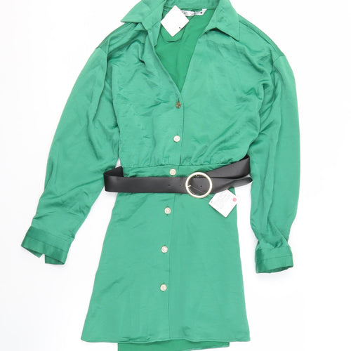 Zara Women's Green Shirt Dress Size S Belted