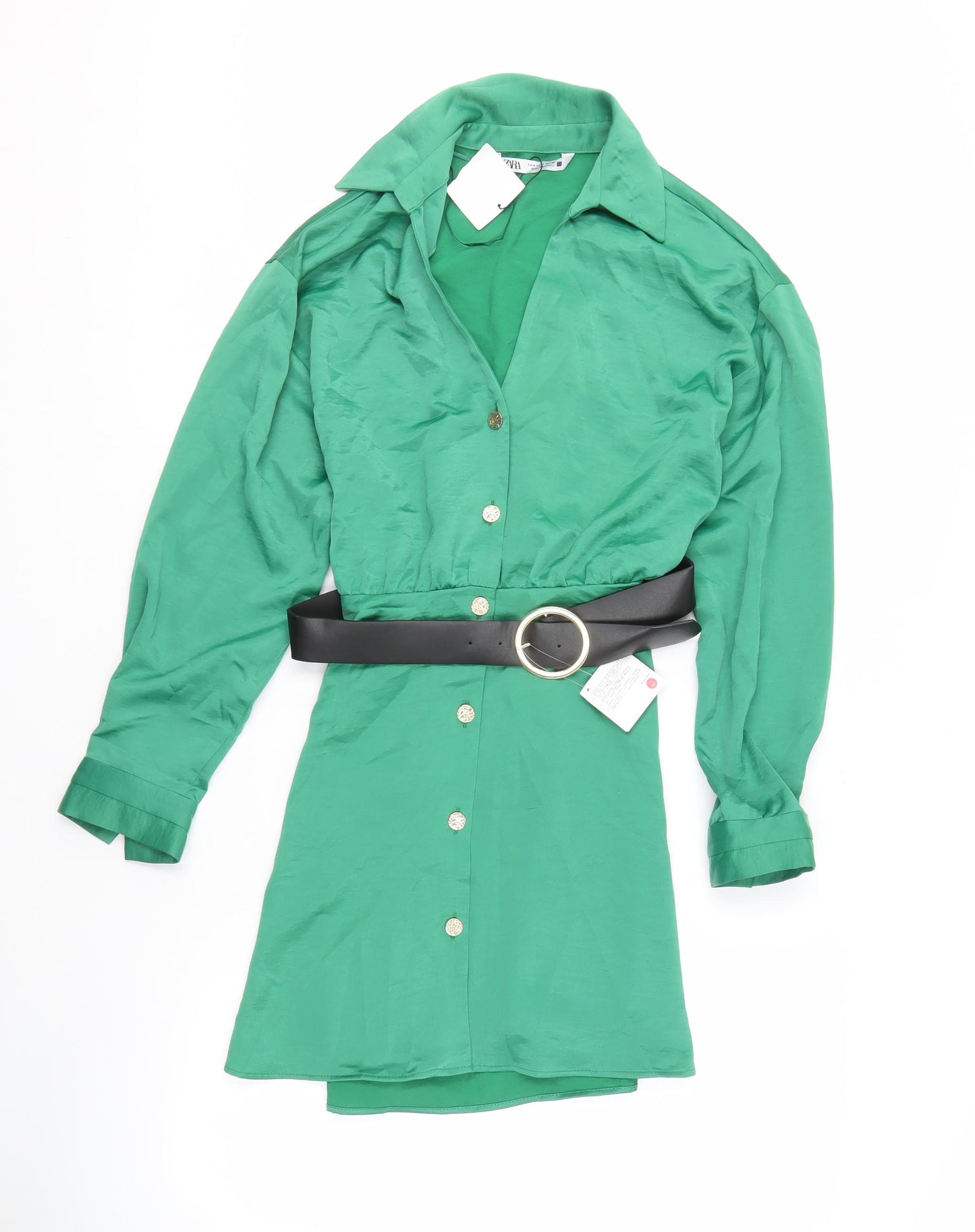 Zara Women's Green Shirt Dress Size S Belted