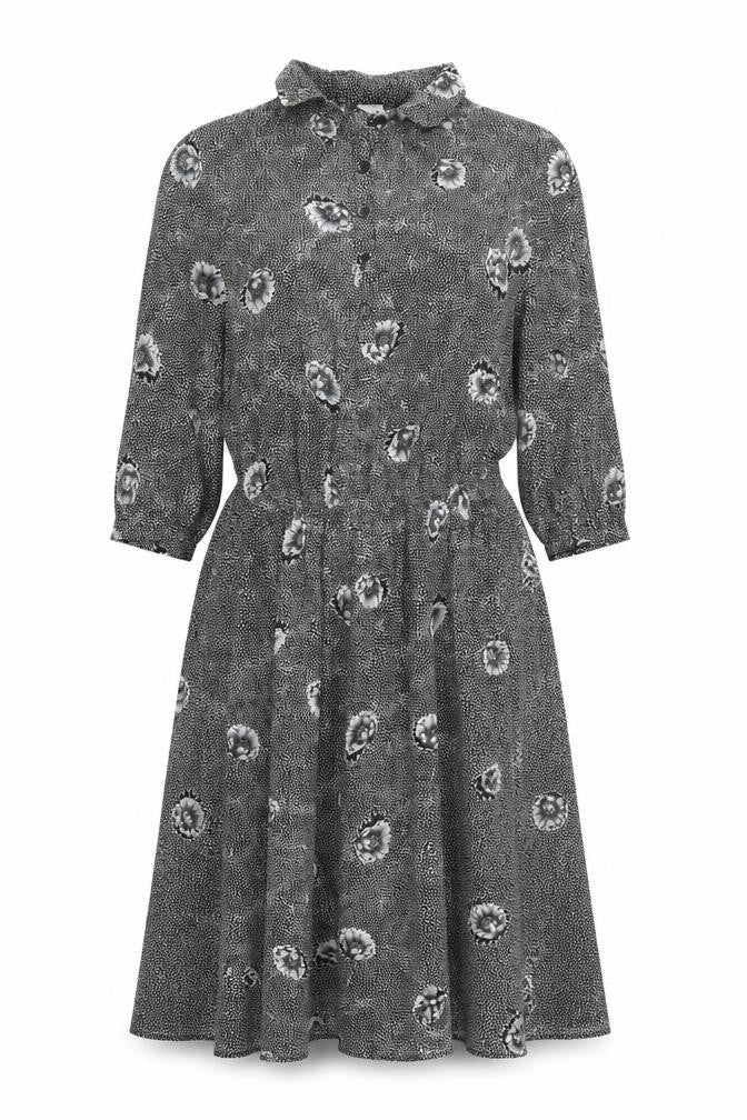 Front view of C&A Women's Black Floral Dress, size 10, Polyester