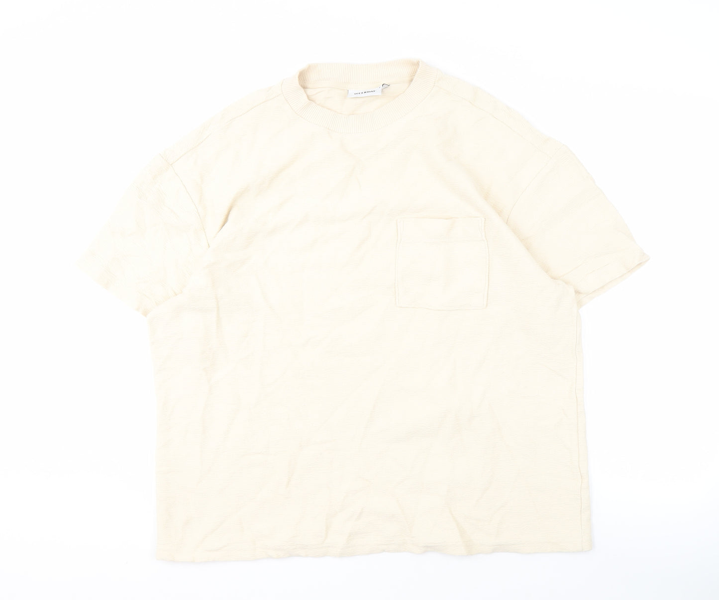 Weekday Men's Beige Cotton T-Shirt, M, Crew Neck, Pocket Accent