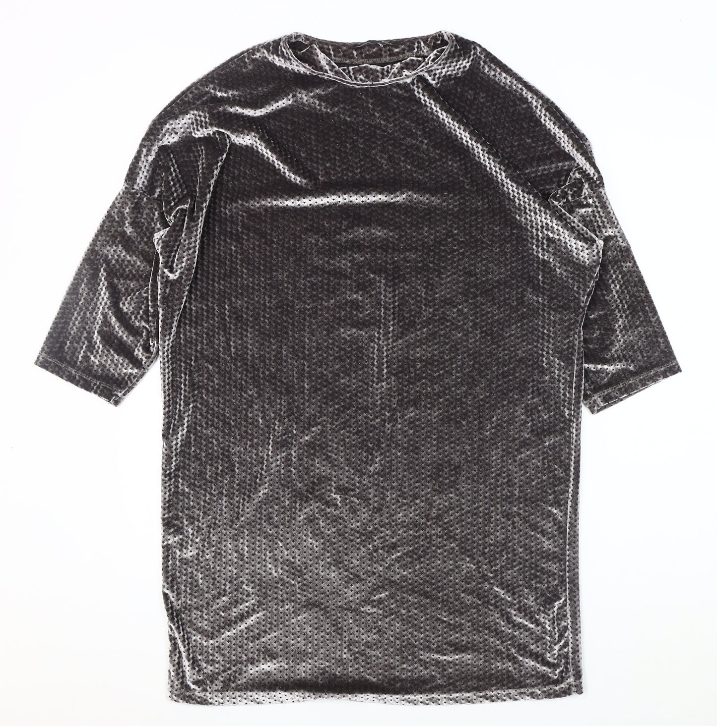 Zara Men's Grey Velvet 3/4 Sleeve Crew Neck Top