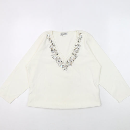 Fay Louise Women's Medium White Beaded V-Neck Top