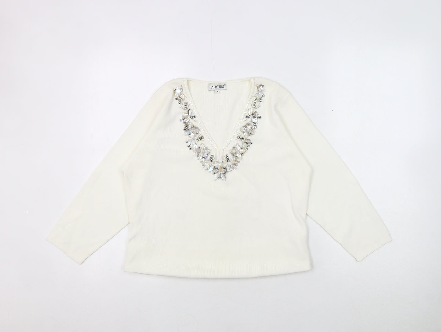 Fay Louise Women's Medium White Beaded V-Neck Top