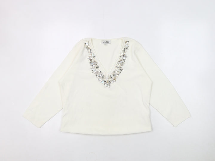 Fay Louise Women's Medium White Beaded V-Neck Top
