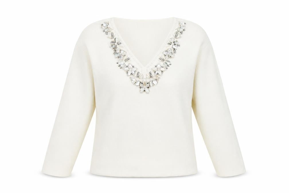 Front view of Fay Louise Women's Medium White Beaded V-Neck Top