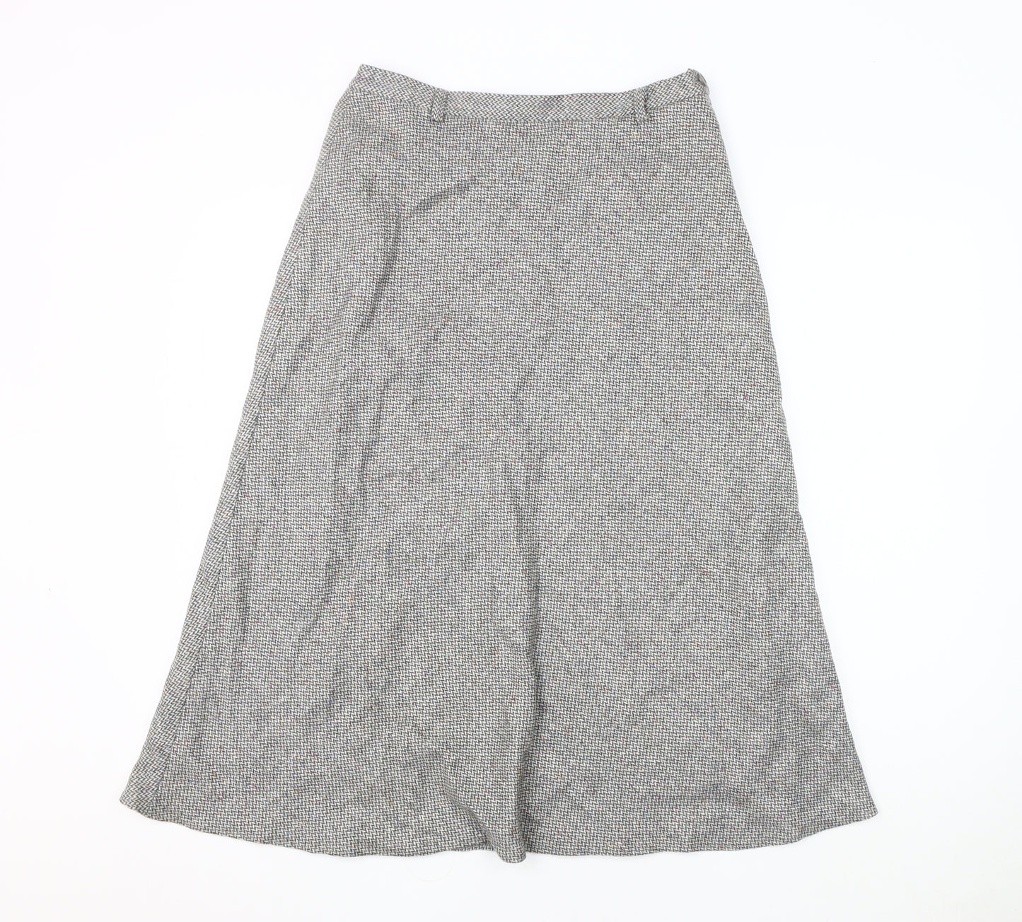 Women’s Grey Midi Skirt, Size 12, Herringbone Pattern Wool, Silk & other materials