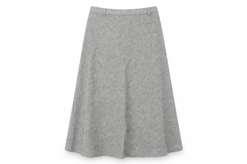 Front view of Women’s Grey Midi Skirt, size UK 12, Herringbone Pattern Wool, Silk & other materials