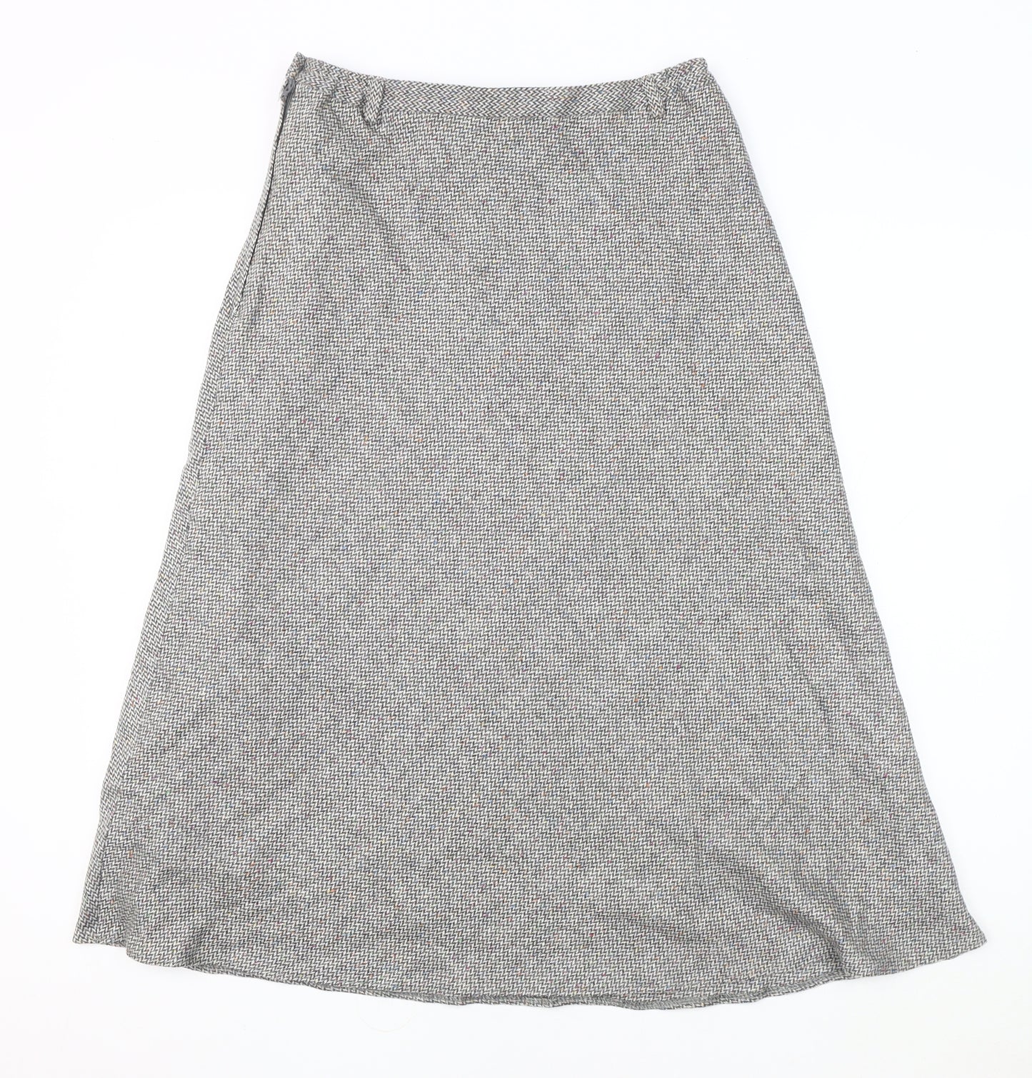 Women’s Grey Midi Skirt, Size 12, Herringbone Pattern Wool, Silk & other materials