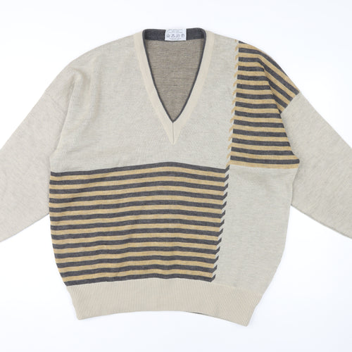 Pierre Sangan Beige Men's XL Striped Pullover Jumper