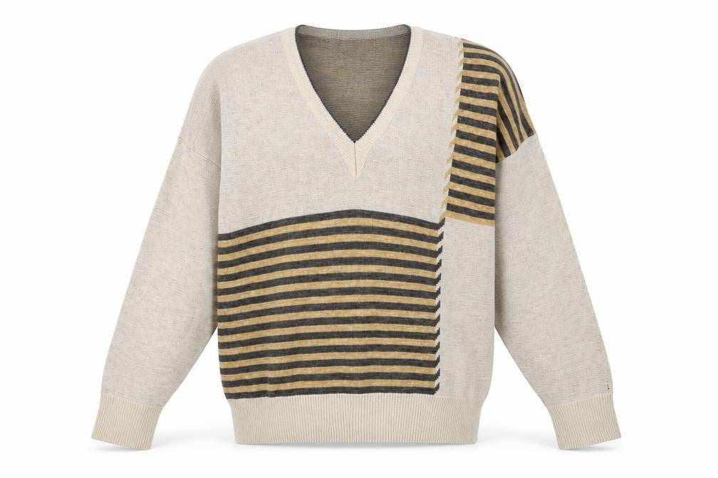 Front view of Pierre Sangan Beige Men's XL Striped jumper