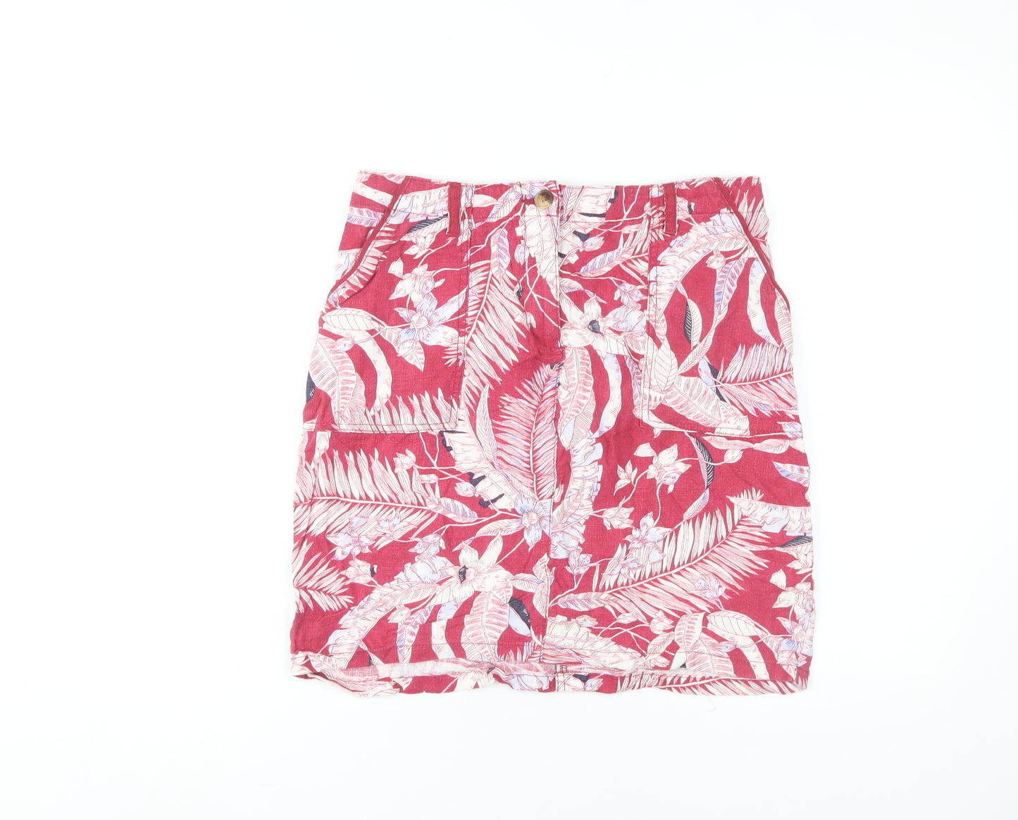 Next Women's Red Floral Skirt Size 12 Linen Blend