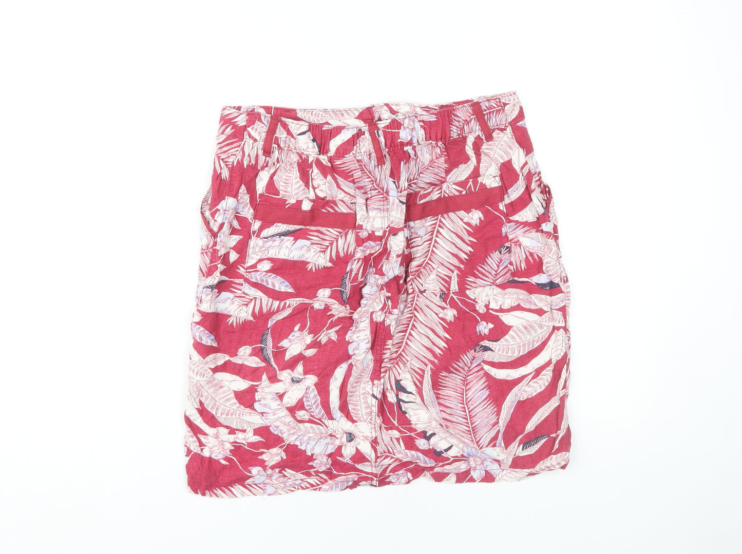 Next Women's Red Floral Skirt Size 12 Linen Blend