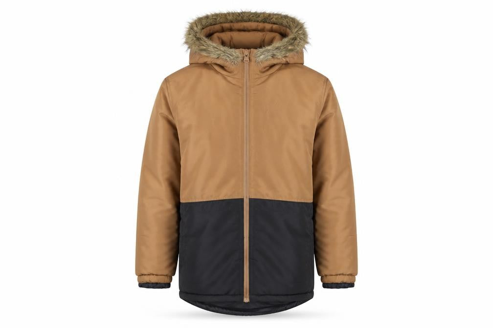 Front view of Destination boys’ brown puffer jacket with hood, size 164
