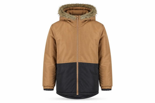 Front view of Destination boys’ brown puffer jacket with hood, size 164