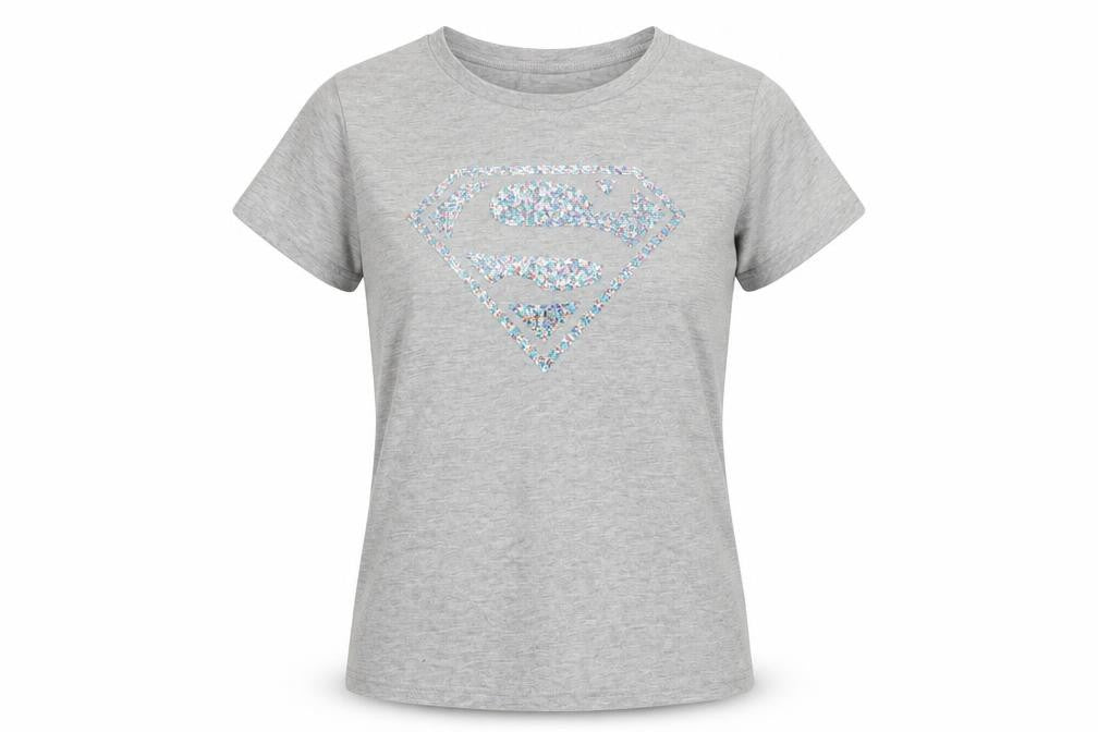 Front view of Superman Women's Grey Sequin T-Shirt, size 14, Short Sleeve