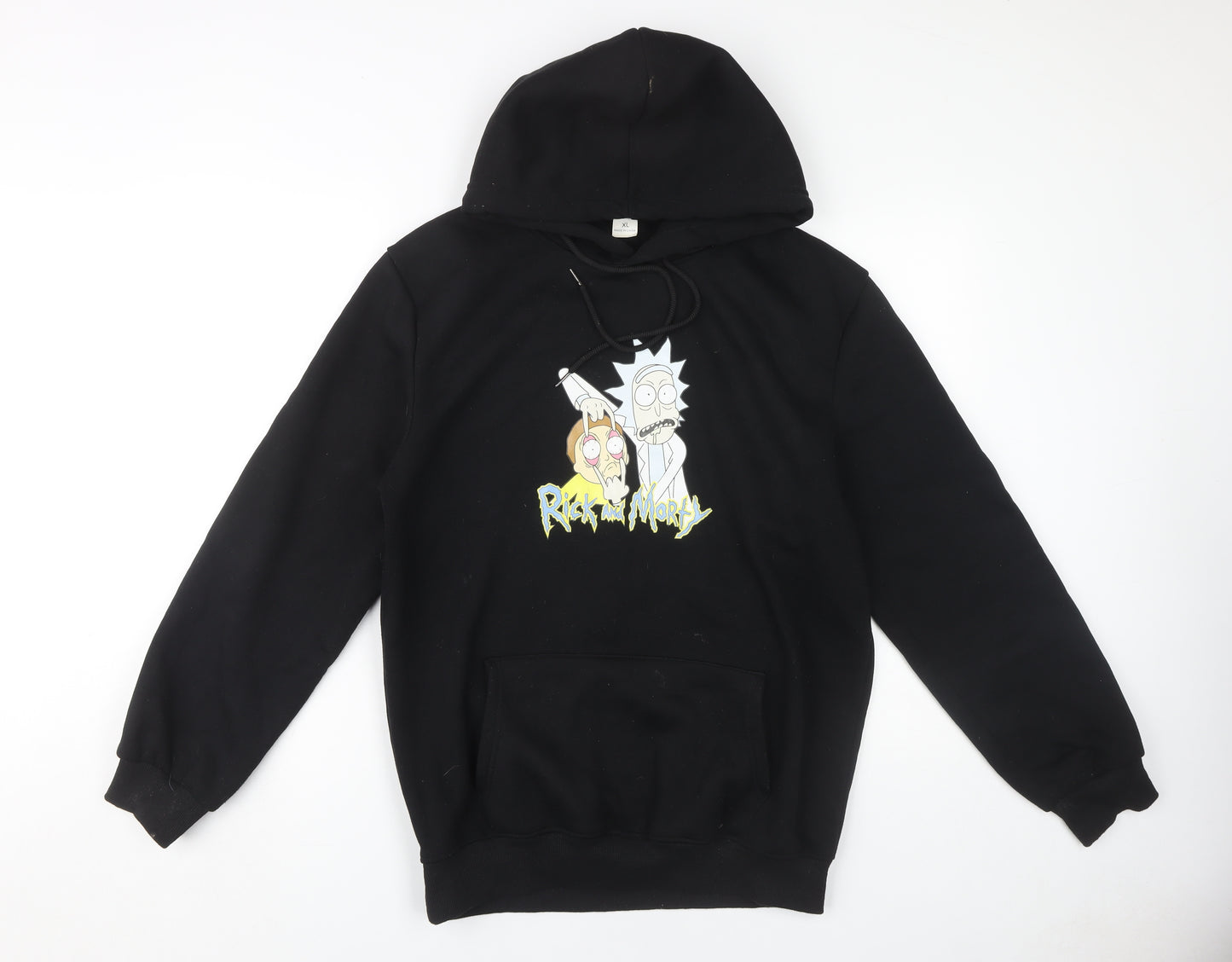 Rick & Morty XL Black Hoodie Men Pullover with Cartoon Graphic