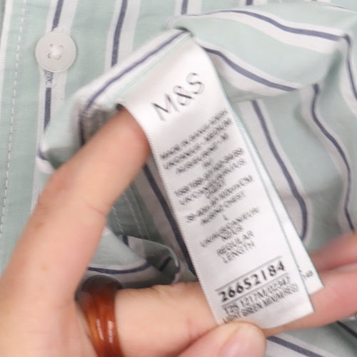 Marks and Spencer Men's Green Striped Shirt M