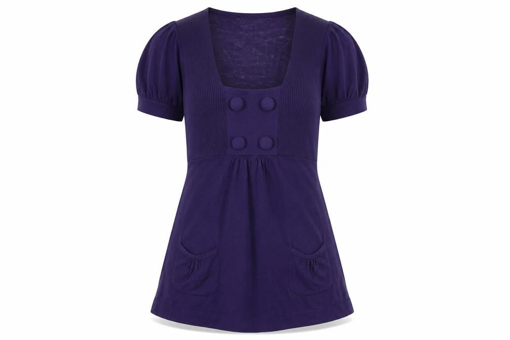 Front view of Warehouse Women's Purple Puff Sleeve Square Neck Top