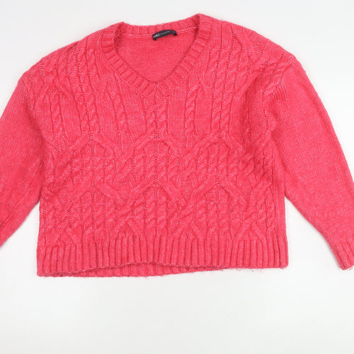 Marks and Spencer Women's Pink V-Neck Pullover Jumper M