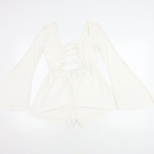 Boohoo Women's White V-Neck Long Sleeve Playsuit