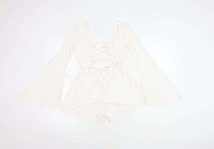 Boohoo Women's White V-Neck Long Sleeve Playsuit