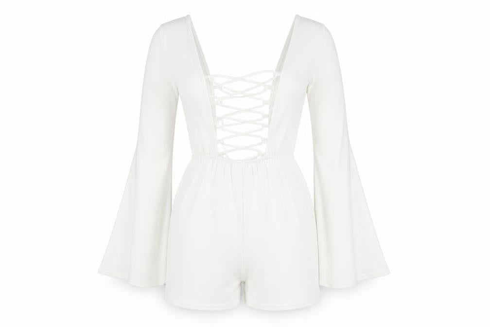 Front view of Boohoo Women's White V-Neck Long Sleeve Playsuit