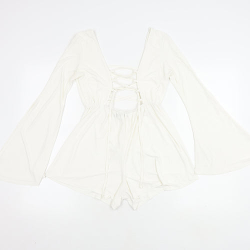 Boohoo Women's White V-Neck Long Sleeve Playsuit